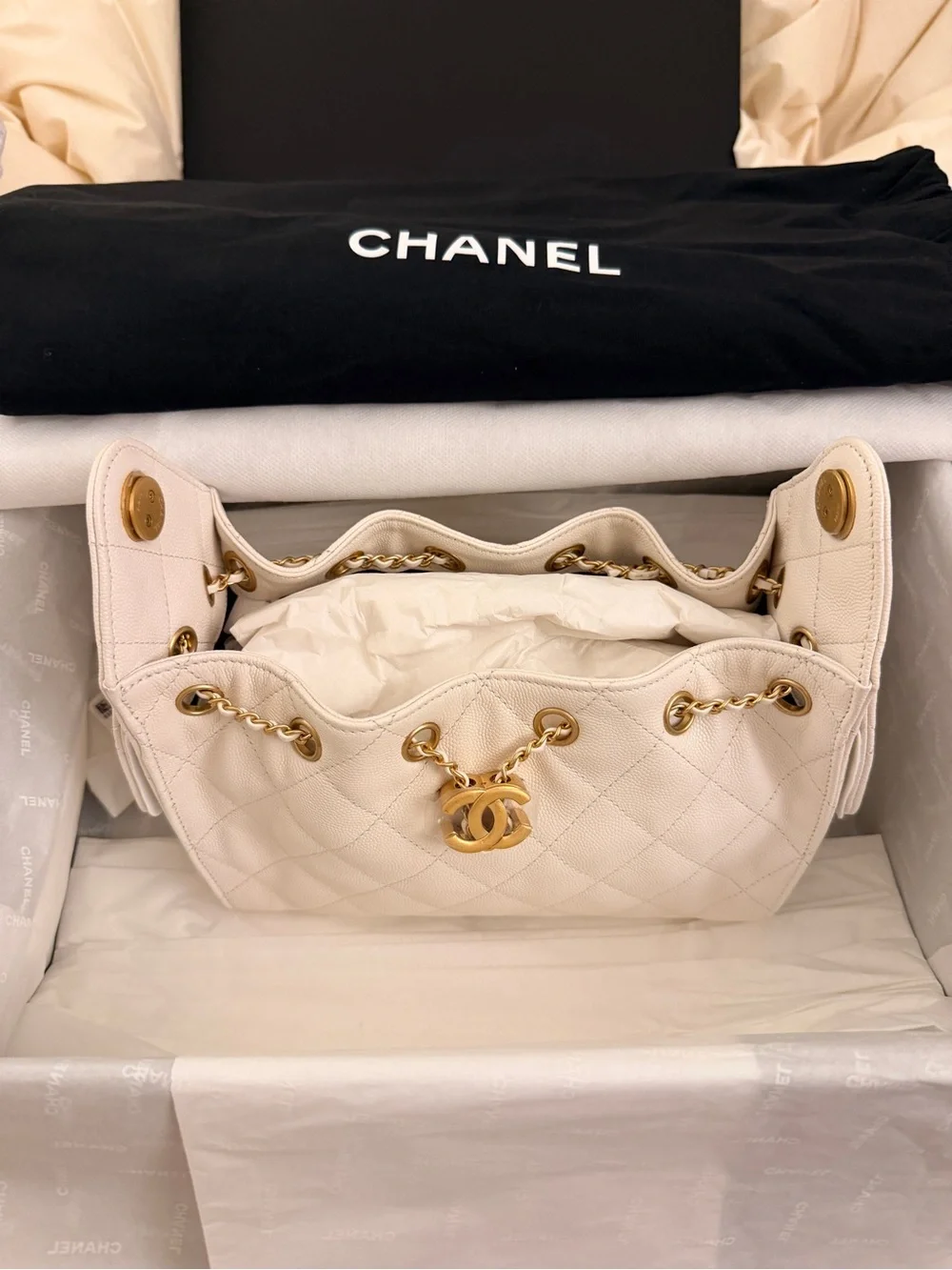 CHANEL 25 MINI BAG in White Caviar Leather with Gold Hardware BNIB